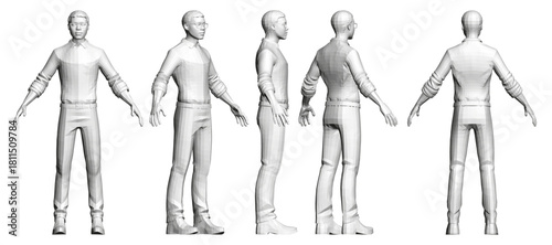 Stylized African male in suit and glasses performs four distinct poses with outstretched arms and clasped hands.