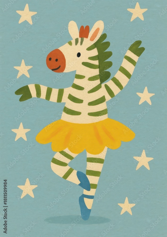 Naklejka premium Zebra ballerina stars whimsical illustration.