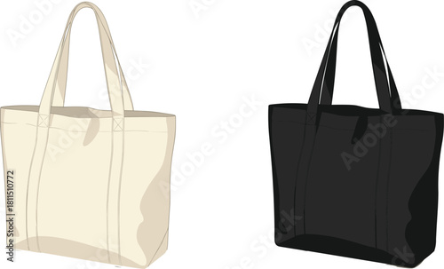 Stylish reusable tote bag set in beige and black colors, eco-friendly canvas shopping bag design for fashion, retail, and branding mockup