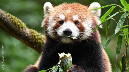 Red Panda Eating Bamboo Leaves in Daytime