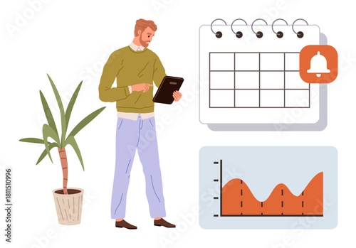 Man analyzing information on tablet, large calendar with reminder icon, chart displaying data trends, potted plant. Ideal for productivity, organization, project planning, time management