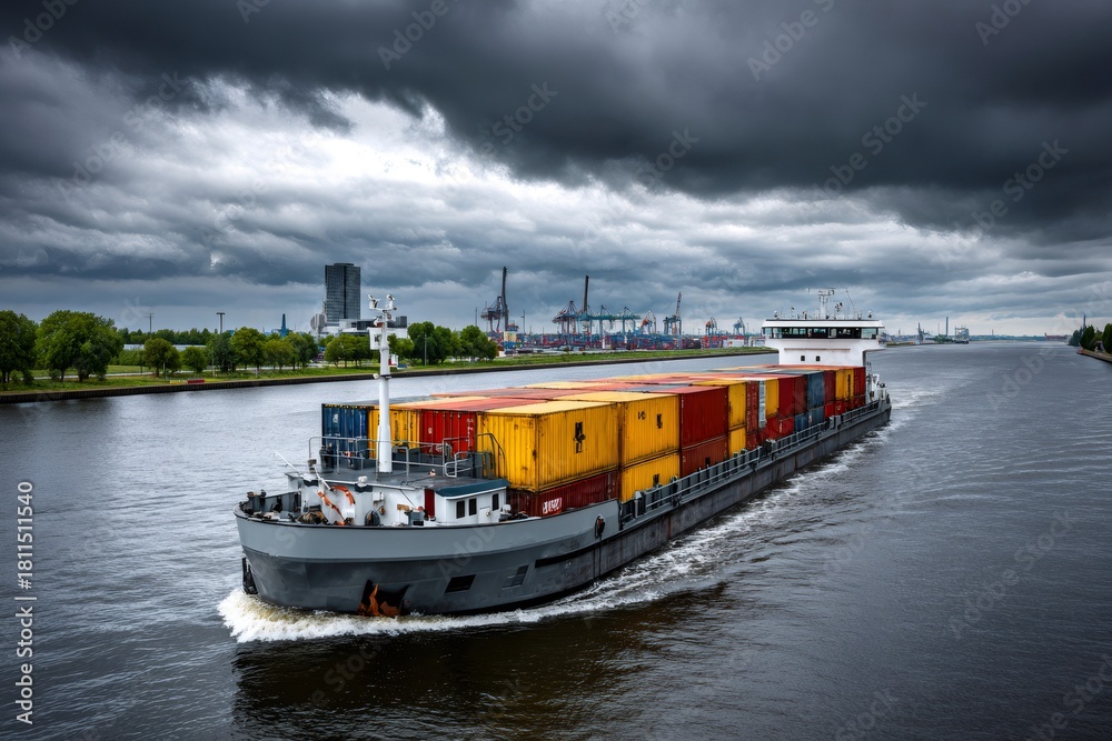 Fototapeta premium Cargo ship navigating industrial canal under brooding sky