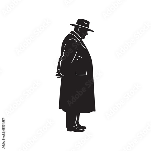 Silhouette of a Man in a Hat and Overcoat Standing in Profile
