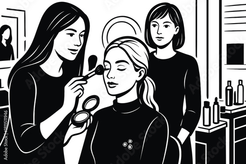 A black and white illustration depicts women applying makeup together vector