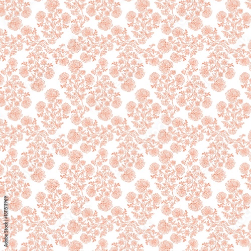 Delicate floral pattern in peach and white with repeating bouquets and swirling vine accents design