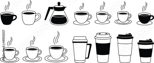 Collection of hand drawn coffee cups and thermoses with steam