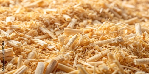 Detailed image of extruded sawdust structure with fine sawdust particles and wood fibers