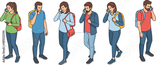Group of young people talking on mobile phones while walking outdoors, casual modern lifestyle communication, technology connection, friendship, urban street style