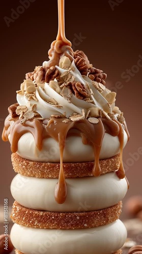 Creamy dessert with caramel drizzle on cookie stack