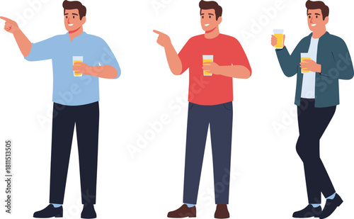 Three men holding drinks, casual conversation, friends social gathering illustration, happy people talking, friendship, leisure time concept, modern flat design