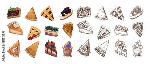 Hand drawn vintage sketch set of cake and pie slices in color and monochrome, isolated vector illustration