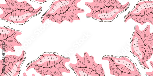 Pink seashell border frame with conch shell on a white background in flat style with copy space.