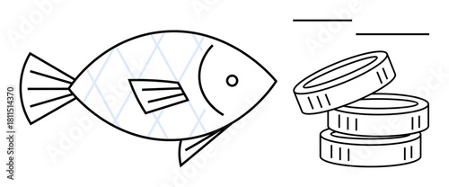 Fish beside stacked coins conveying ideas of financial trade, seafood industry, sustainable fishing, resource management, or commerce. Ideal for business, economy, sustainability, diet trading