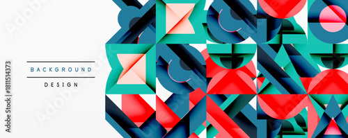 Abstract geometric shapes overlap, creating vibrant colorful background. Design features triangles, squares, circles, dynamic composition.