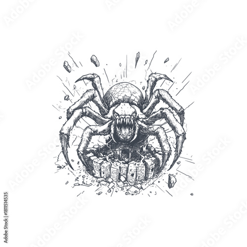 monstrous spider illustration smashing through a stone well or structure, rendered in a detailed, gritty vintage engraving style