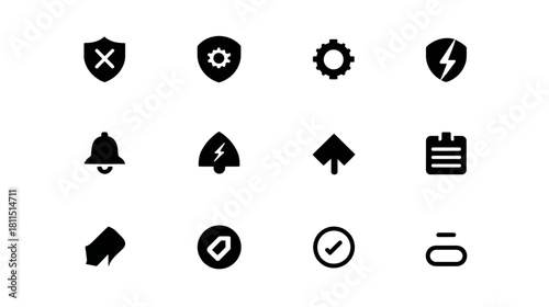 Flat black vector icons set for web and mobile interfaces: security, settings, notification, alert, tag, checkmark, delete.