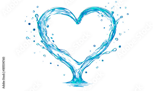 Heart-Shaped Water Splash on White Background, heart-shaped water, water heart, blue water splash, clear water, liquid heart, dynamic water, water droplets, water spray, fluid motion, high-resolution,