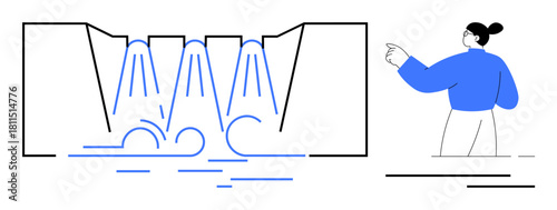 Dynamic water flowing through a dam, accompanied by a person pointing to the scene. Ideal for environmental awareness, nature, water conservation, energy, hydroelectric power, sustainability