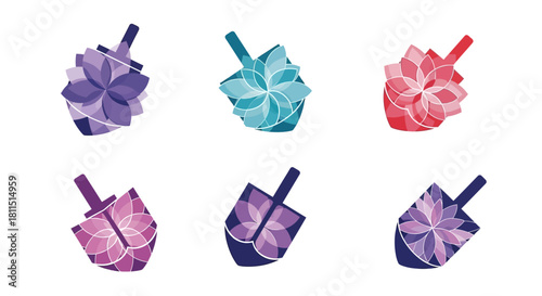 Floral Petal Dreidel Hanukkah Icon Set Vector