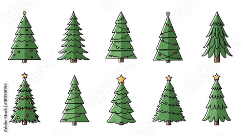 Stylized collection of festive Christmas tree icons with various decorations for holiday design