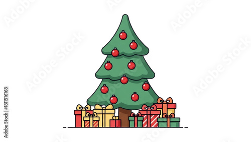 Festive Christmas Tree with Presents Illustration Holiday Season Celebrations