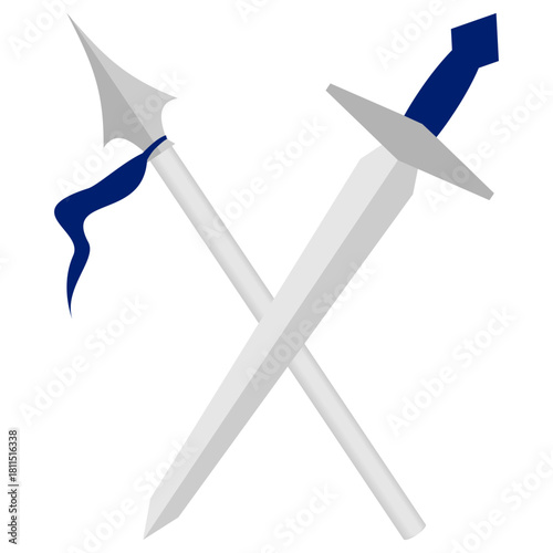 Isolated vector icon of a sword and spear crossed in an X shape, representing combat and high rank. This heraldic symbol is perfect for warrior emblems, Paladin class icons, and fantasy game UI