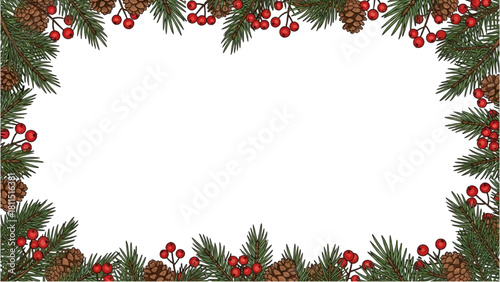 Festive Pinecone and Holly Border Illustration for Holiday Season