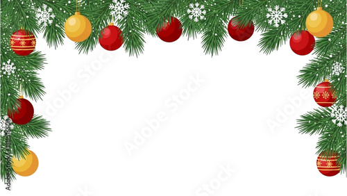 Festive Christmas Garland Border Spruce Branches, Ornaments, and Snowflakes on White