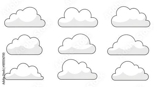Set of simple cartoon clouds isolated on a white background. Fluffy weather vector illustration graphic