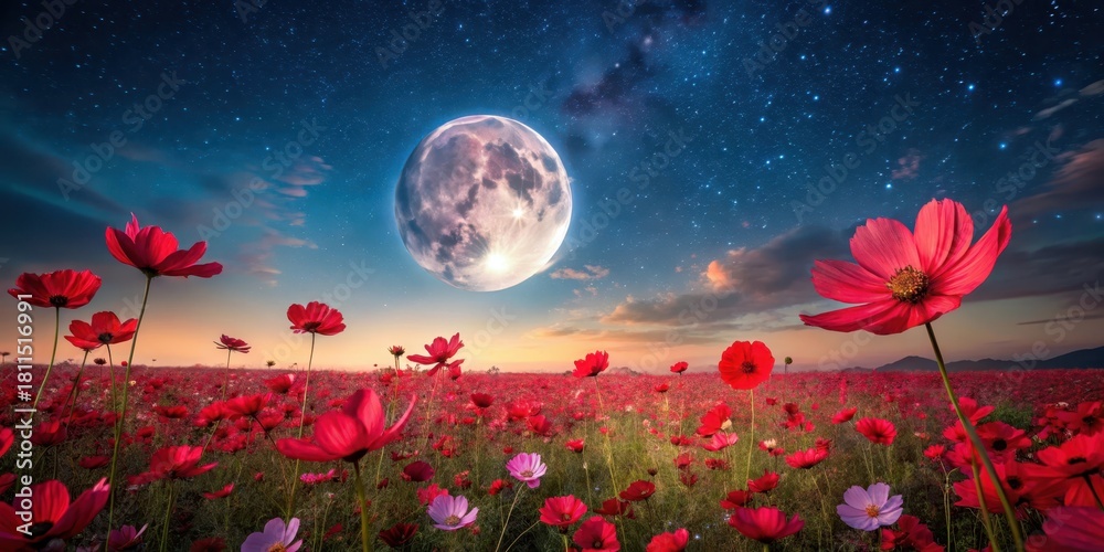 Naklejka premium A field of vibrant red cosmos flowers stretches towards the horizon under a breathtaking full moon in a dreamy midnight landscape