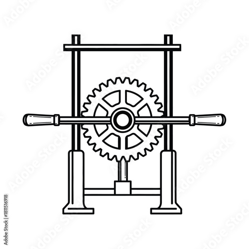 Vintage manual meat grinder with large cogwheel and side crank, isolated line art illustration isolated on white background, Vector, illustration