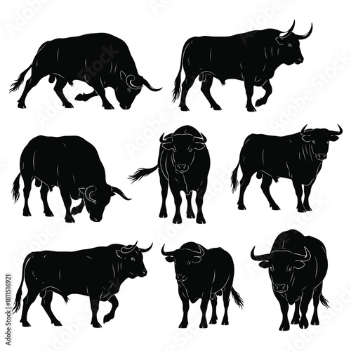 Collection of diverse bull silhouettes in various dynamic poses, representing strength and power, isolated on white. isolated on white background, Vector, illustration