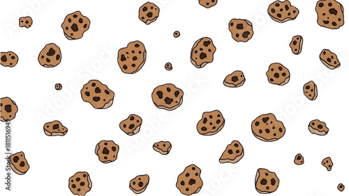 Vector illustration of a seamless pattern with delicious falling chocolate chip cookies