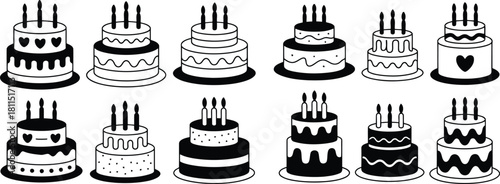Collection of hand drawn layered cakes with candles and frosting details
