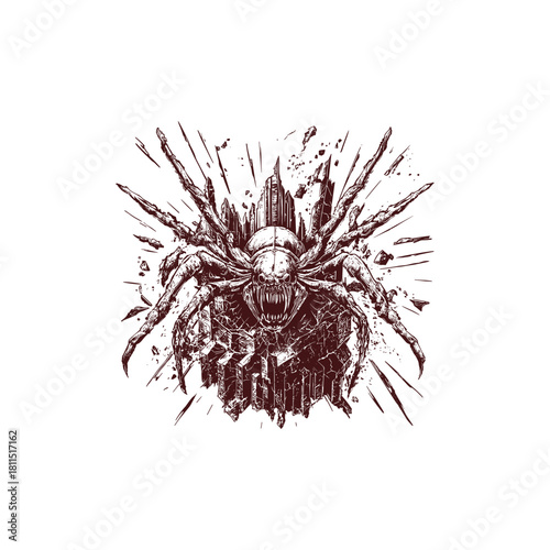 Intense vintage engraving illustration of a monstrous, hairy spider destroying an old stone fortress or ruin, with debris flying around