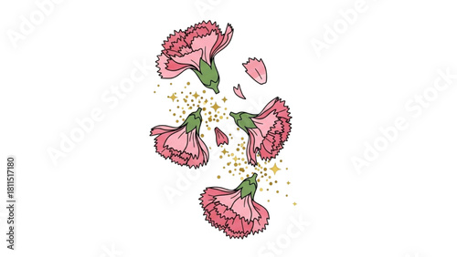 Pink Carnation Flower Explosion with Golden Sparkles on White Backdrop