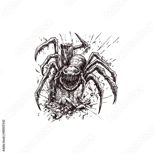 Intense vintage engraving illustration of a monstrous, hairy spider destroying an old stone fortress or ruin, with debris flying around