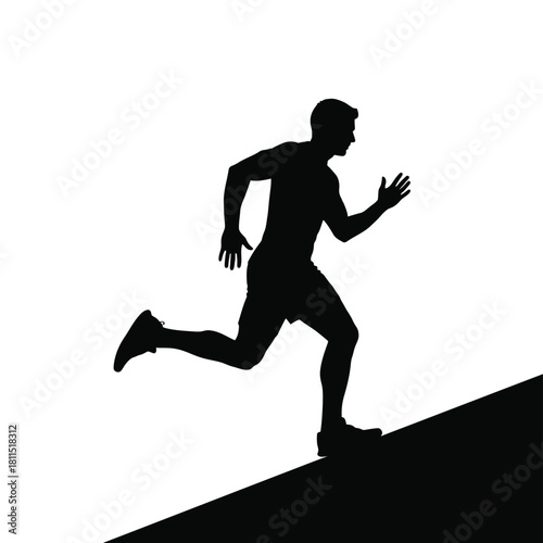 Silhouette of a man running uphill on a white background, symbolizing fitness and achieving goals isolated on white background, Vector, illustration