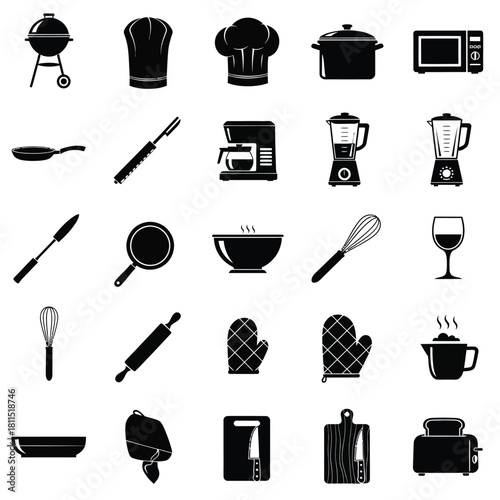 Collection of kitchen utensils and appliances icons, graphic design elements for cooking and culinary services, isolated on white isolated on white background, Vector, illustration
