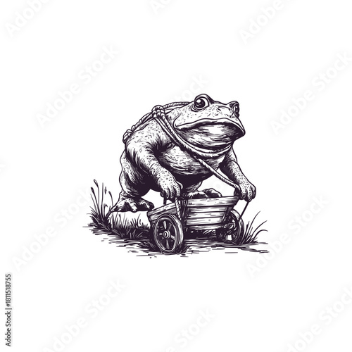 Whimsical vintage illustration of a frog pulling a heavy wooden cart or wheelbarrow across the ground, rendered in a detailed, classic engraving style