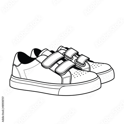 Pair of white line art sneakers with double hook and loop straps isolated on a white background isolated on white background, Vector, illustration