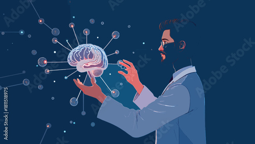 Neurologist Analyzing Brain Activity Vector Illustration