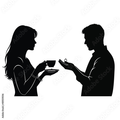 Silhouette of a man proposing marriage with a ring to a woman holding a teacup, isolated on white background. isolated on white background, Vector, illustration