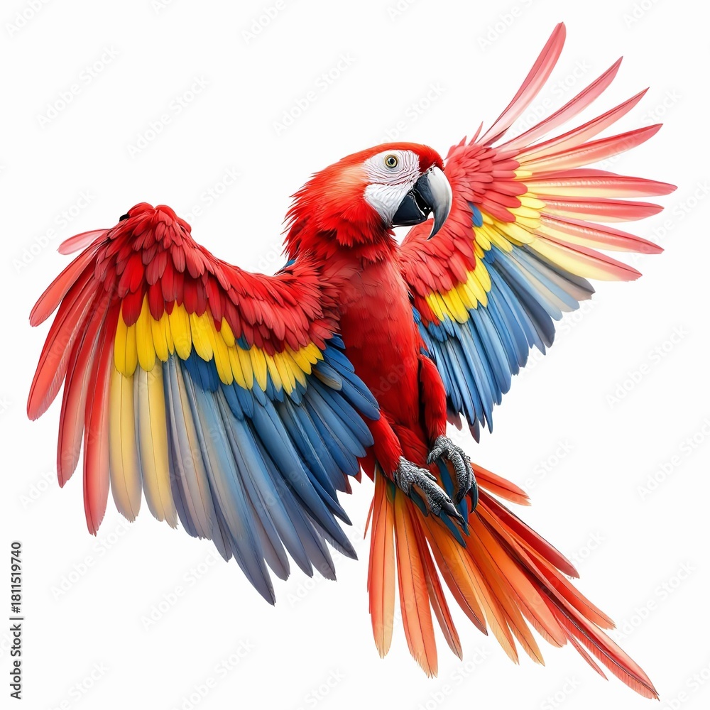 Fototapeta premium Vibrant scarlet macaw parrot flying with wings spread wide isolated on white background