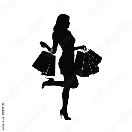 Silhouette of a woman in high heels joyfully holding shopping bags, representing consumerism and fashion trends. isolated on white background, Vector, illustration
