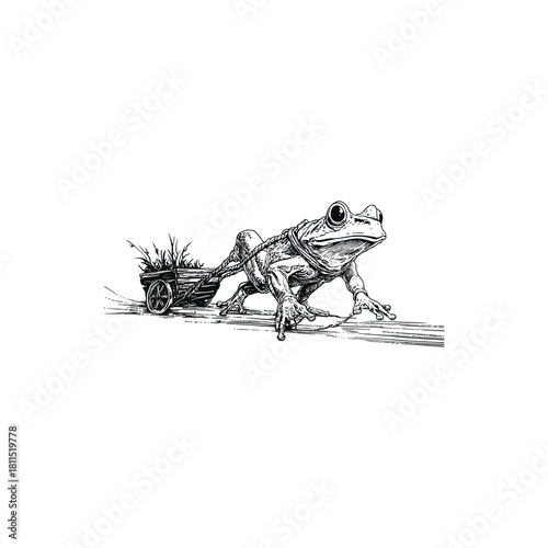 Whimsical vintage illustration of a frog pulling a heavy wooden cart or wheelbarrow across the ground, rendered in a detailed, classic engraving style