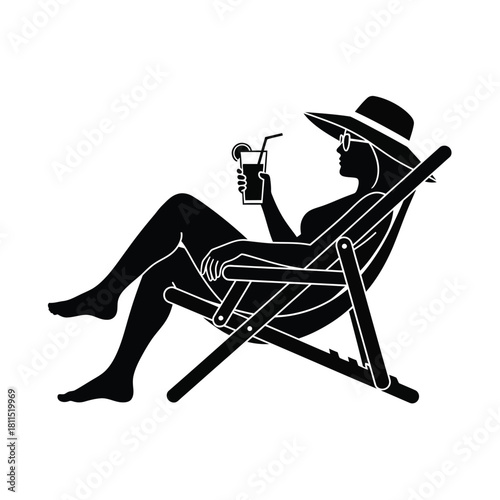 Silhouette of a woman in a deck chair with a hat and sunglasses holding a drink, enjoying leisure time isolated on white background, Vector, illustration