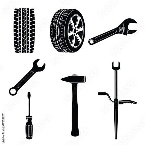 Collection of automotive repair and maintenance tools and car tire icons in silhouette on white background. isolated on white background, Vector, illustration