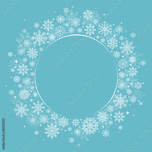 Winter round blank frame wreath background with snowflakes. Vector illustration