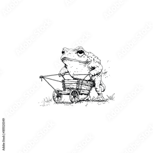Whimsical vintage illustration of a frog pulling a heavy wooden cart or wheelbarrow across the ground, rendered in a detailed, classic engraving style